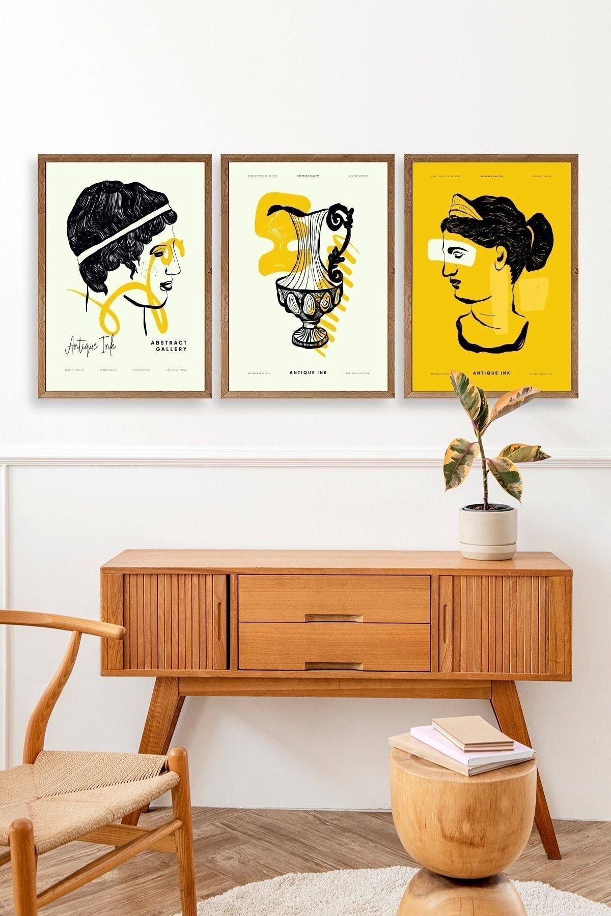 Soyut Üçlü Ahşap Çerçeveli Tablo 50 x 70