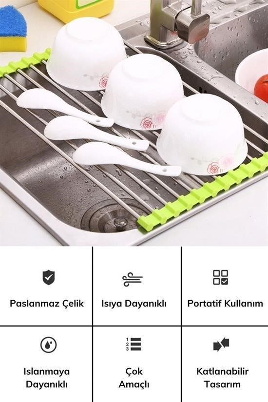 BUFFER® Evye Üstü Katlanır Nihale Paslanmaz Çelik Pratik Sebze Meyve Bulaşık Kurutma Süzgeci