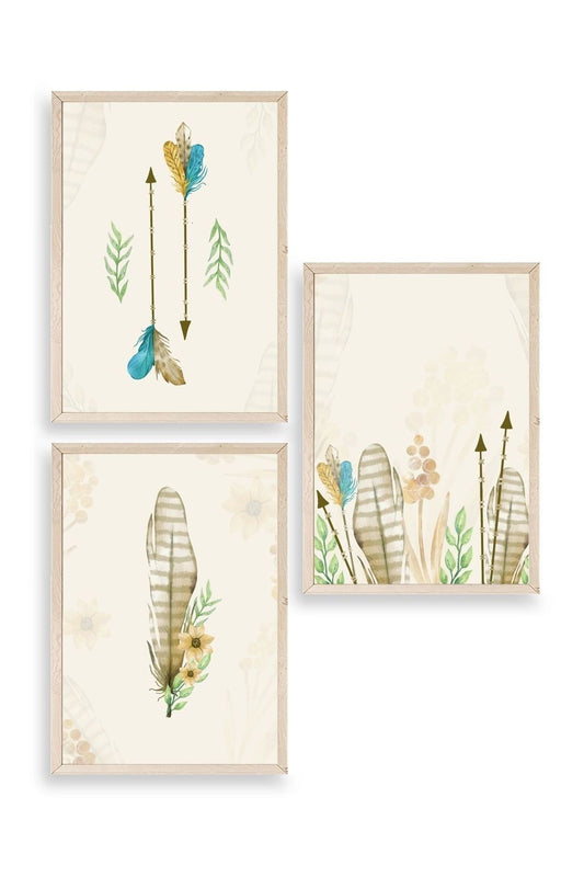 Çiçekli Desenler Üçlü Ahşap Çerçeveli Tablo 30 x 42