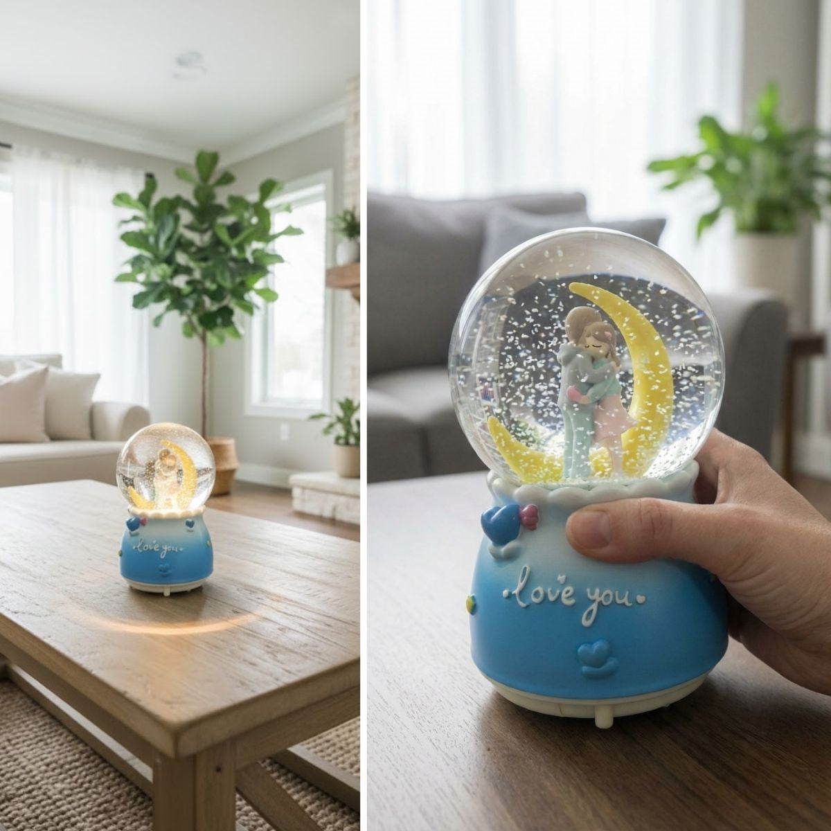 Pilli Işıklı Müzikli Kar Küresi–Hilal Ay Figürlü Romantik Masaüstü Biblo, LED Aydınlatmalı Dekoratif Hediyelik Kar Küresi