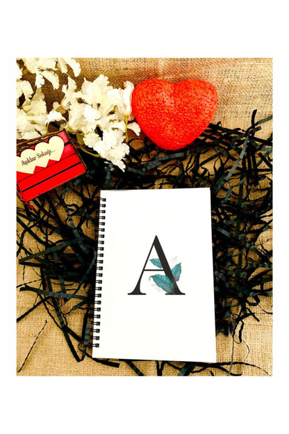 Çiçek Harf Baskılı Ahşap Defter Kalem Seti - Beyaz