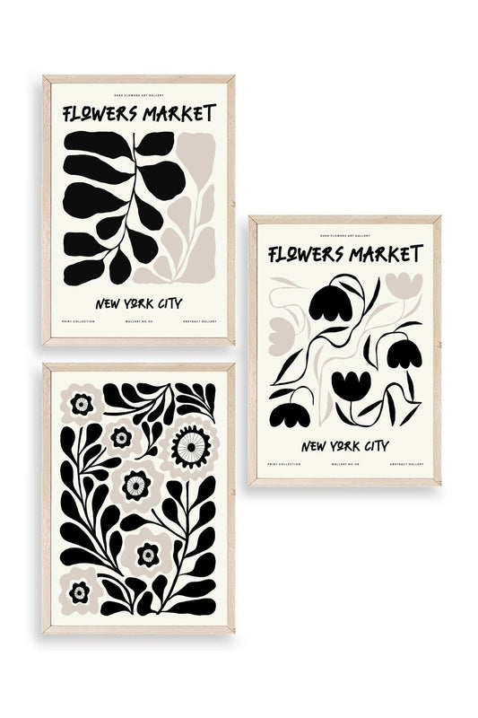 Flower Market Üçlü Ahşap Çerçeveli Tablo 50 x 70