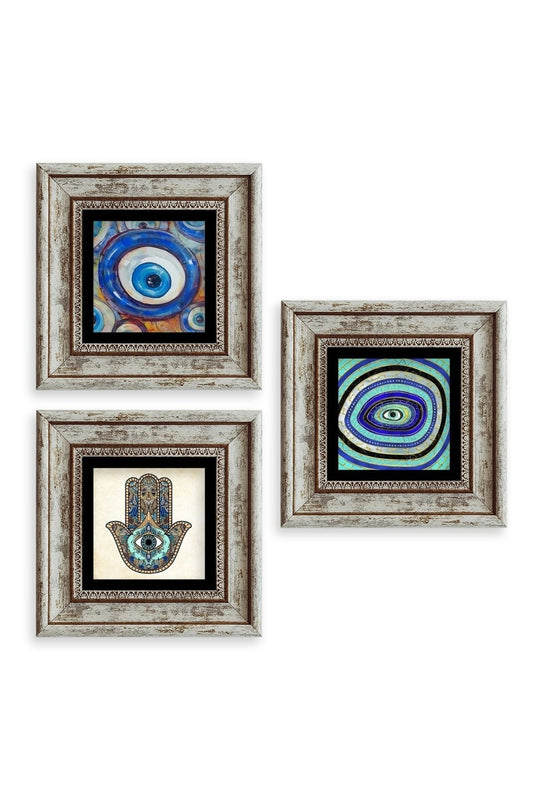 Nazar 3 lü Set Çerçeveli Taş Tablo 20 cm