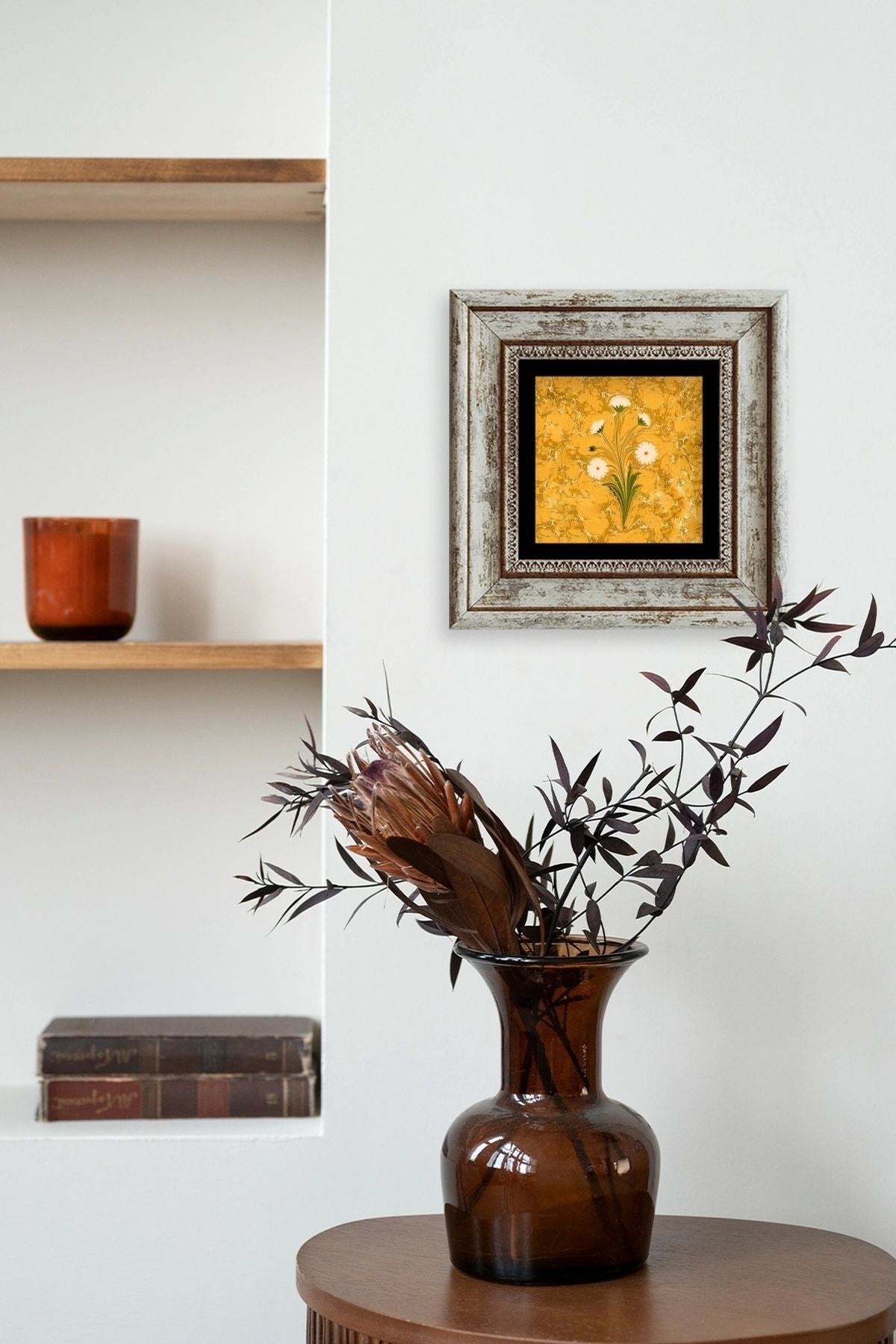 Ebru Sanatı Çiçek Çerçeveli Taş Tablo 20 cm