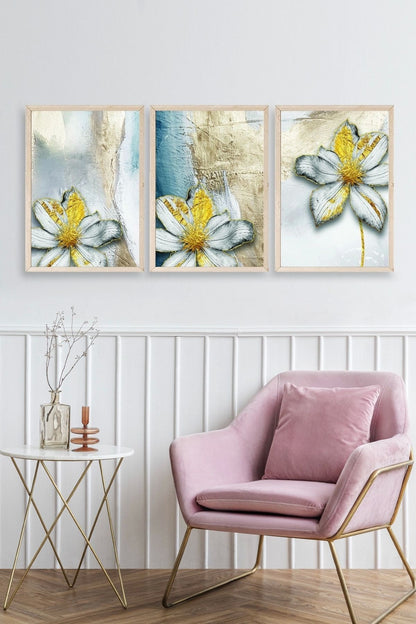 Çiçek Desenli Üçlü Ahşap Çerçeveli Tablo 30 x 42