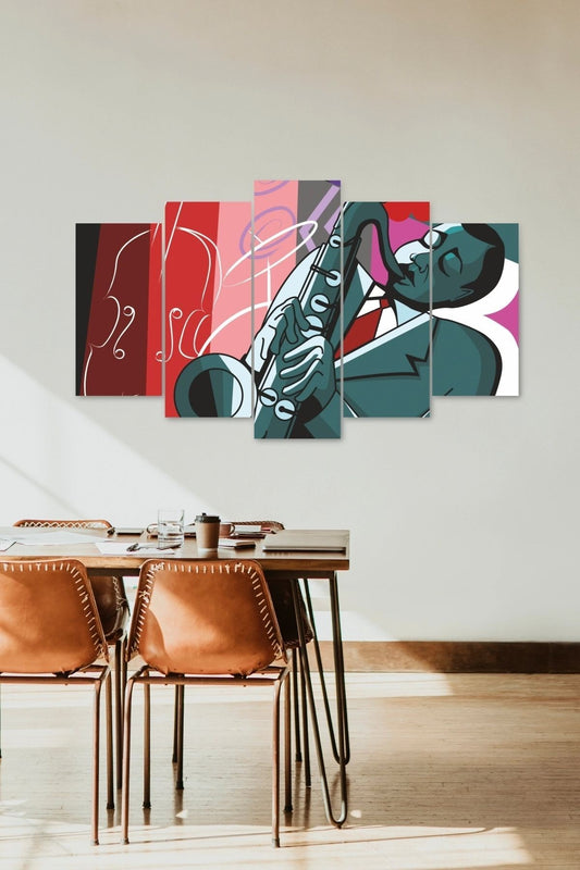 Erkek Saksafon Manzara 5 Parçalı Mdf Tablo 60 x 100