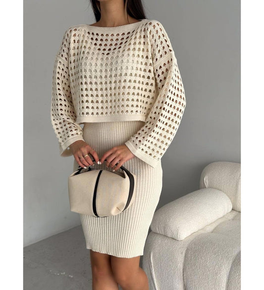 Triko Delikli Kazak Elbise Takım-Bej