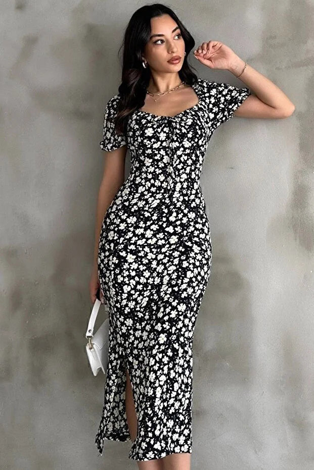 Papatya Desen Karpuz Kol Siyah Elbise