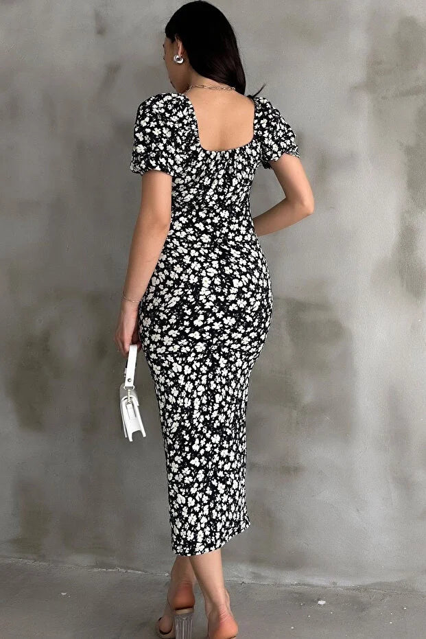 Papatya Desen Karpuz Kol Siyah Elbise