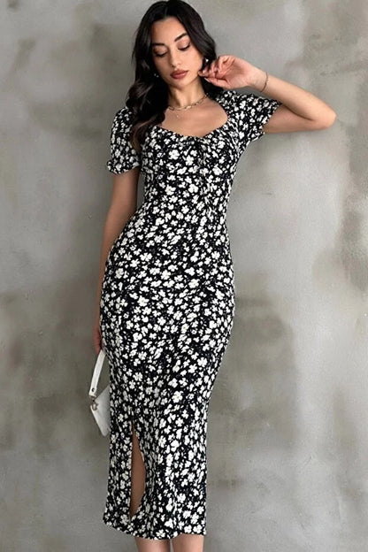 Papatya Desen Karpuz Kol Siyah Elbise