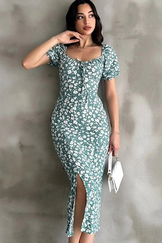 Mint Yeşili Desenli Yırtmaçlı Midi Elbise