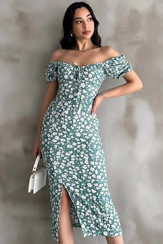 Mint Yeşili Desenli Yırtmaçlı Midi Elbise