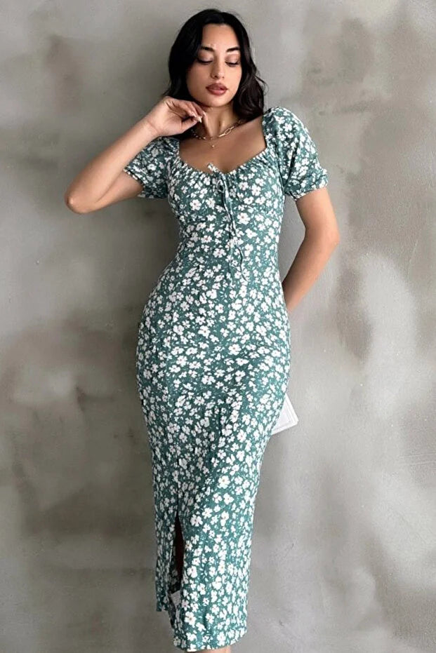 Mint Yeşili Desenli Yırtmaçlı Midi Elbise