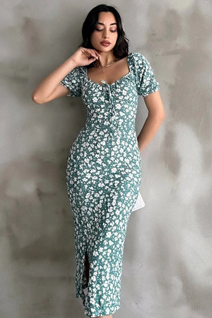 Mint Yeşili Desenli Yırtmaçlı Midi Elbise