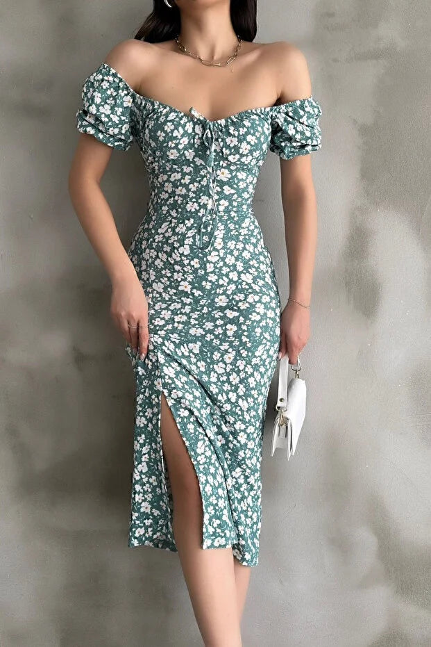 Mint Yeşili Desenli Yırtmaçlı Midi Elbise