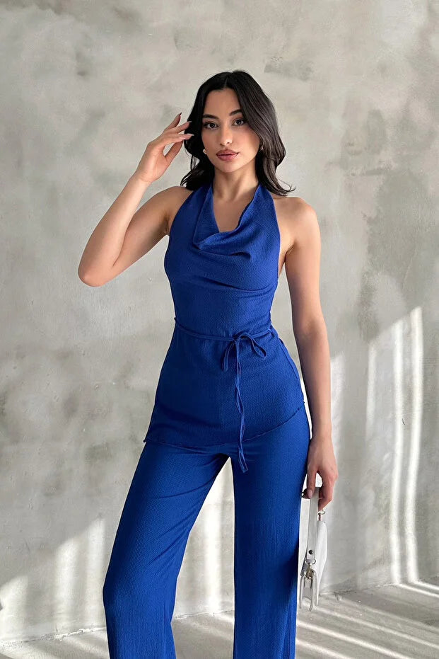 Kadın Saks Mavisi Degaje Yaka Bluz ve Pantolon İkili Takım