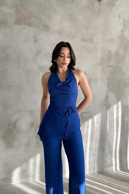 Kadın Saks Mavisi Degaje Yaka Bluz ve Pantolon İkili Takım