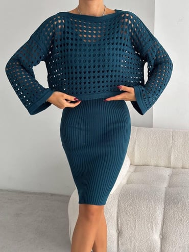 Kadın Delikli Kazak Askılı Elbise Triko Kumaş İkili Takım – Petrol