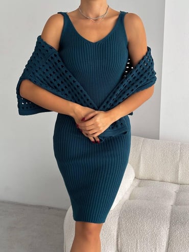 Kadın Delikli Kazak Askılı Elbise Triko Kumaş İkili Takım – Petrol