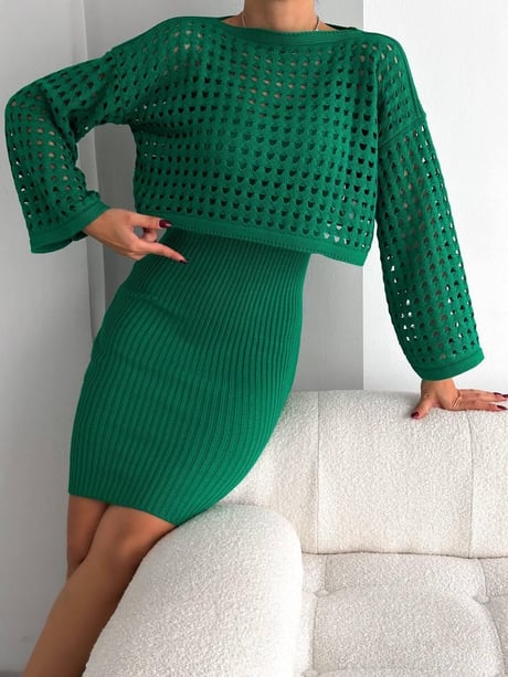 Kadın Delikli Kazak Askılı Elbise Triko Kumaş İkili Takım - Yeşil