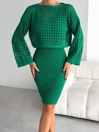 Kadın Delikli Kazak Askılı Elbise Triko Kumaş İkili Takım - Yeşil