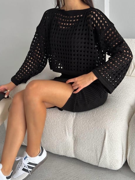 Kadın Delikli Kazak Askılı Elbise Triko Kumaş İkili Takım