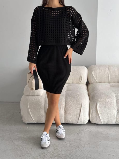 Kadın Delikli Kazak Askılı Elbise Triko Kumaş İkili Takım