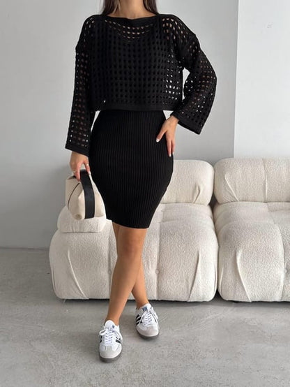 Kadın Delikli Kazak Askılı Elbise Triko Kumaş İkili Takım