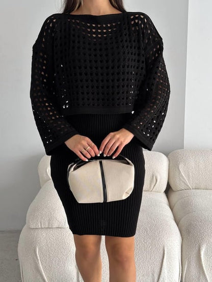 Kadın Delikli Kazak Askılı Elbise Triko Kumaş İkili Takım