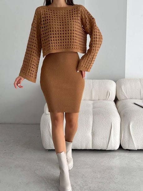 Kadın Delikli Kazak Askılı Elbise Triko Kumaş İkili Takım - Kahve