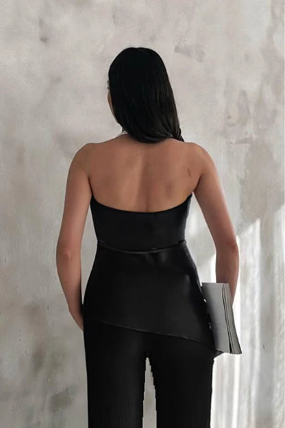 Kadın Siyah Degaje Yaka Bluz ve Pantolon İkili Takım