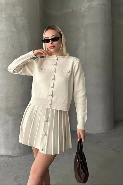 Kadın Triko Mini Etek Hırka Takım – Krem