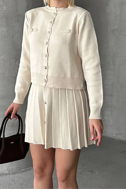 Kadın Triko Mini Etek Hırka Takım – Krem