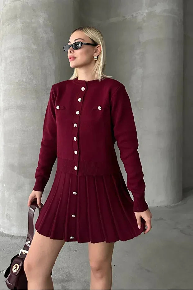 Kadın Triko Mini Etek Hırka Takım – Bordo