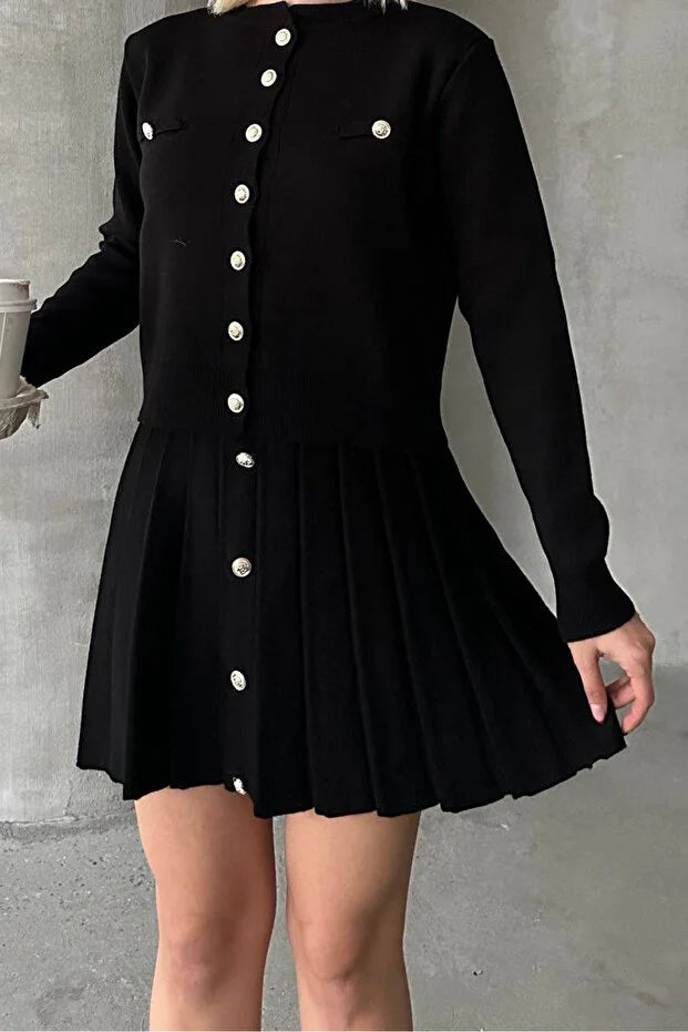 Kadın Triko Mini Etek Hırka Takım – Siyah