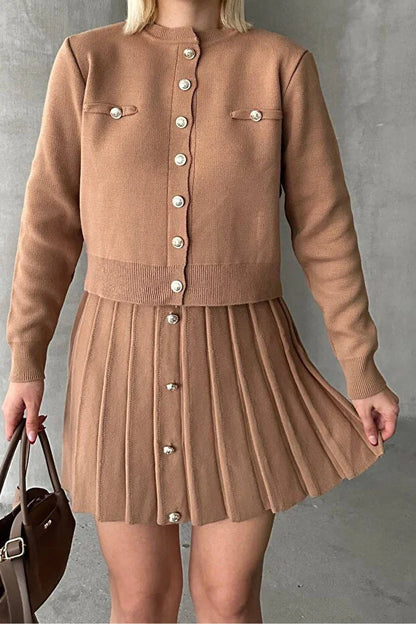 Kadın Triko Mini Etek Hırka Takım – Camel