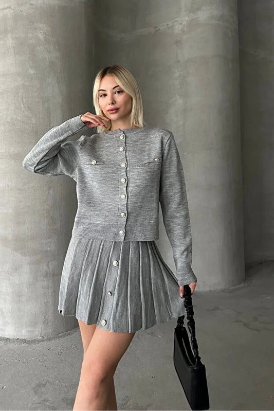 Kadın Triko Mini Etek Hırka Takım – Gri