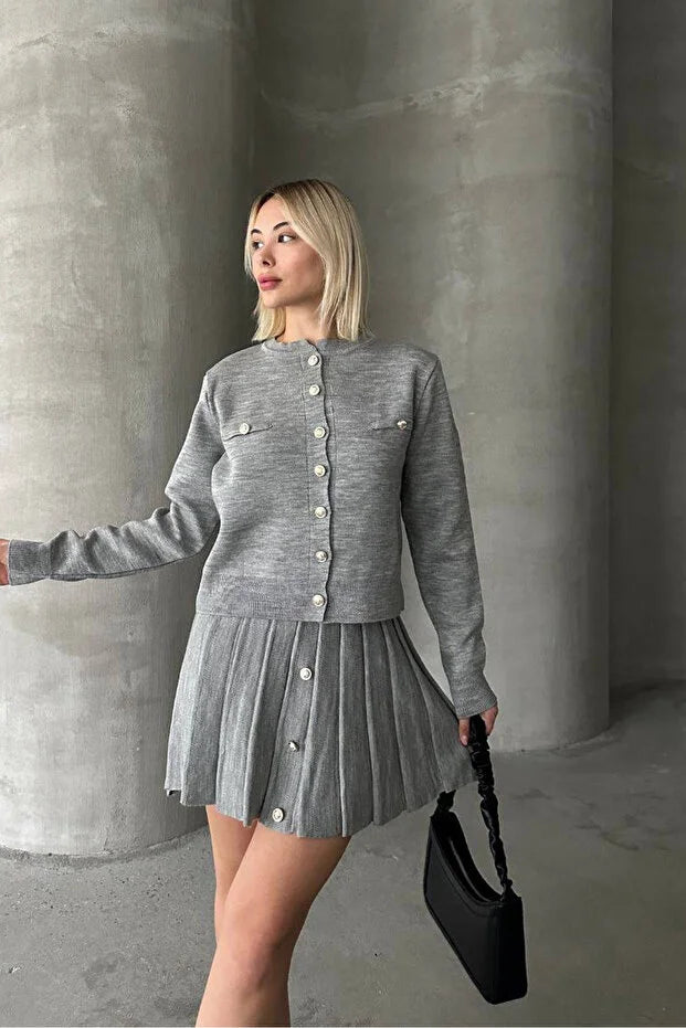 Kadın Triko Mini Etek Hırka Takım – Gri