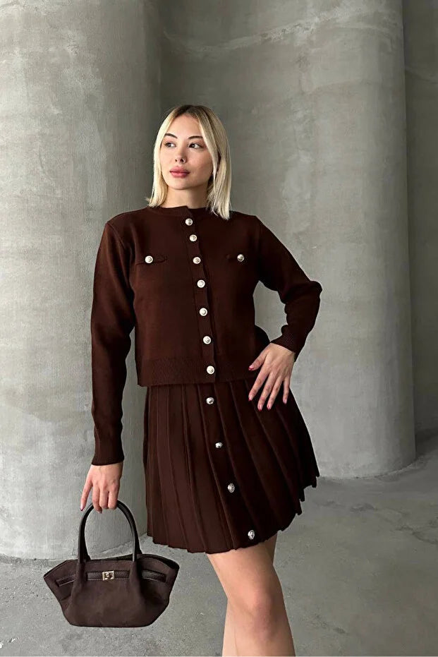 Krem Mini Etek Hırka Kadın Kahverengi Alt Üst Takım