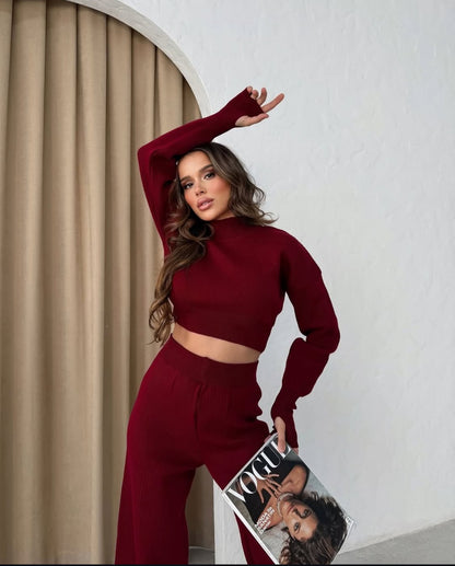 Triko Pantolon ve Parmak Geçmeli Bordo Kazak İkili Takım