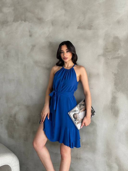 Kadın Mavi Boyundan Ayarlamalı Kuşaklı Kloş Elbise