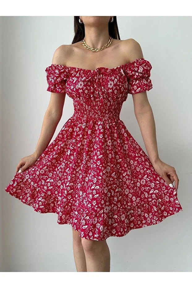 Kayık Yaka Çiçek Desenli Bürümcük Mini Elbise – Kırmızı