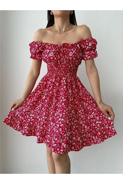 Kayık Yaka Çiçek Desenli Bürümcük Mini Elbise – Kırmızı