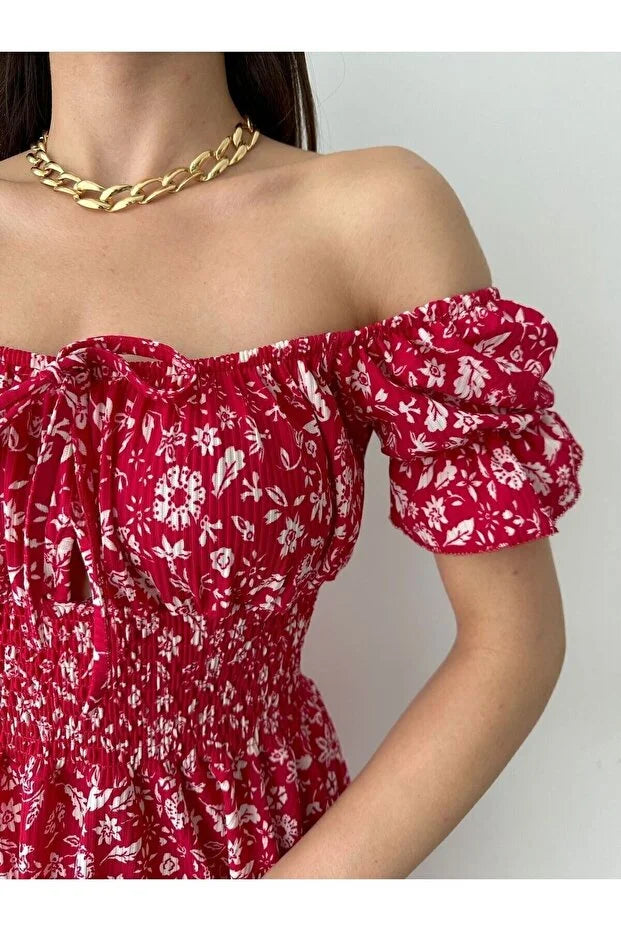Kayık Yaka Çiçek Desenli Bürümcük Mini Elbise – Kırmızı