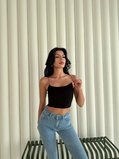 Kadın İp Askılı Kısa Crop - Siyah