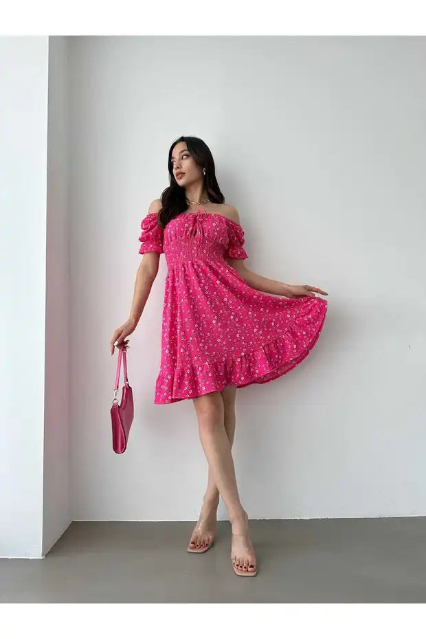 Kayık Yaka Gipeli Bürümcük Mini Elbise – Pembe