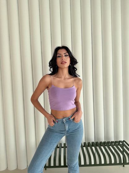 Kadın İp Askılı Kısa Crop - Mor