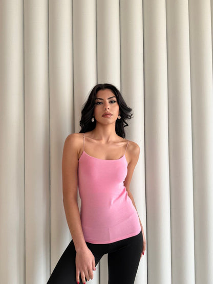 Kadın İp Askılı Uzun Crop - Pembe