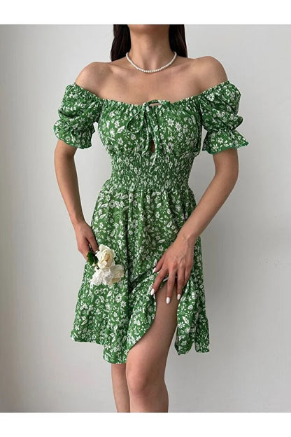 Kayık Yaka Büzgü Detaylı Mini Elbise - Yeşil