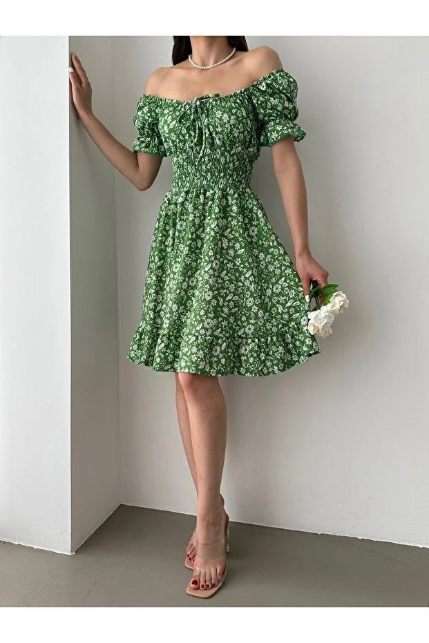 Kayık Yaka Büzgü Detaylı Mini Elbise - Yeşil